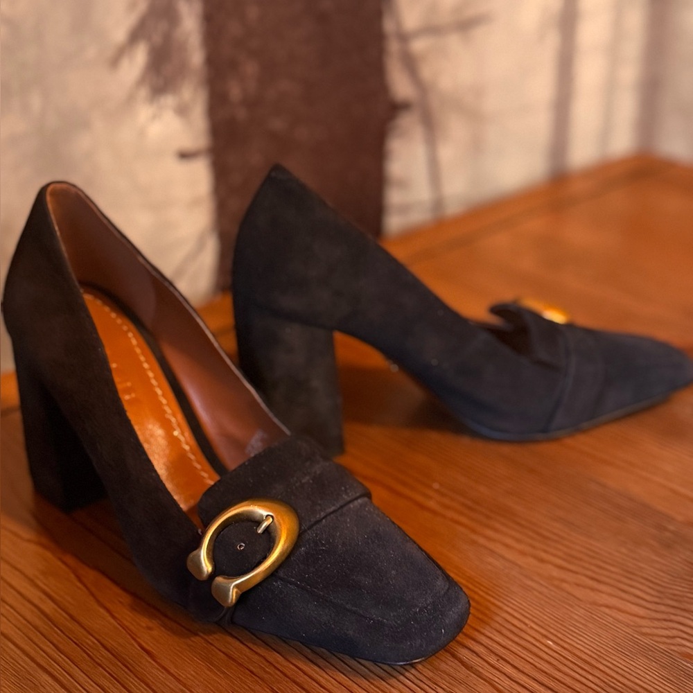 COACH Block Heels - Black Suede w Gold C